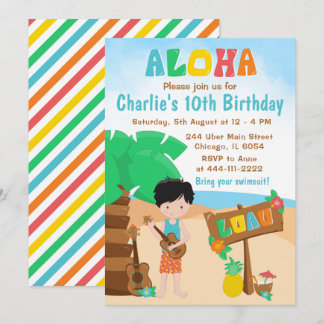 Aloha Luau Beach Birthday Black Hair Boy Einladung