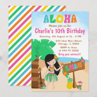 Aloha Luau Beach Birthday Black Hair Girl Invitati Einladung