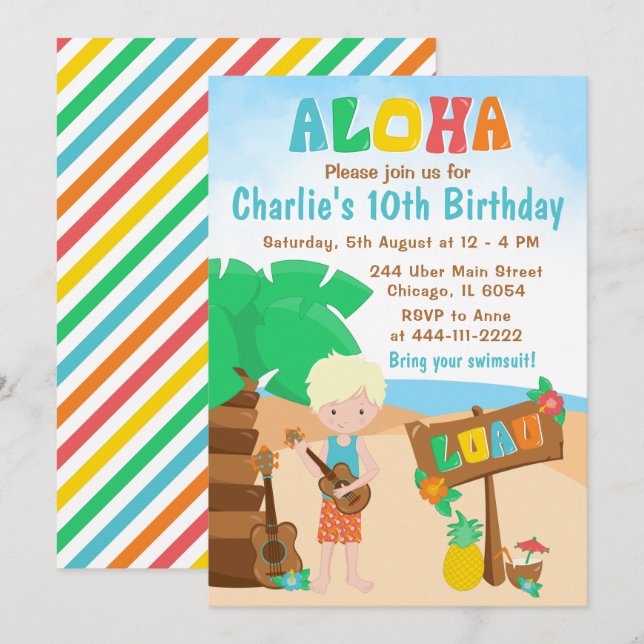 Aloha Luau Beach Birthday Blonde Hair Boy Invitati Einladung (Vorne/Hinten)