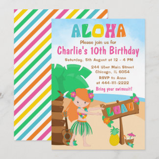 Aloha Luau Beach Birthday Red Hair Girl Einladung