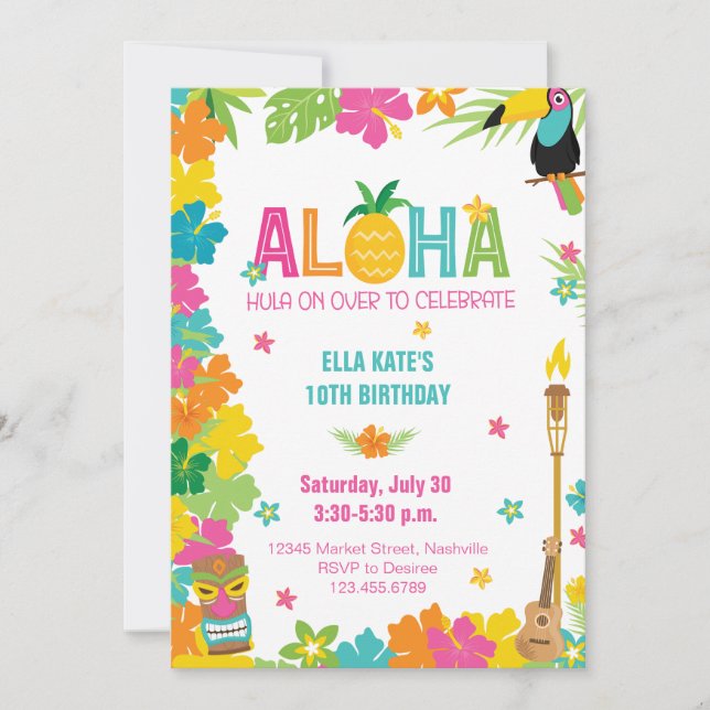 Aloha Luau Birthday Tropical Floral Party Einladung (Vorderseite)
