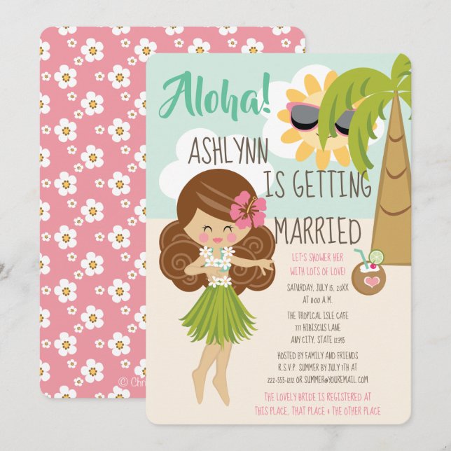 Aloha Luau Brautparty-dunkles Haar-dunkler Einladung (Vorne/Hinten)