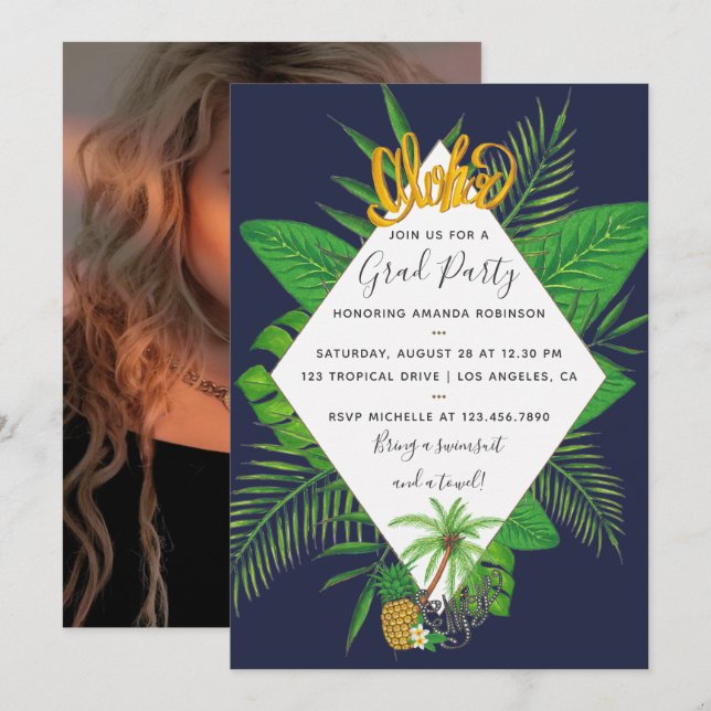 Aloha Luau Graduation Party Aquarell Foto hinzufüg Einladung (Vorne/Hinten)