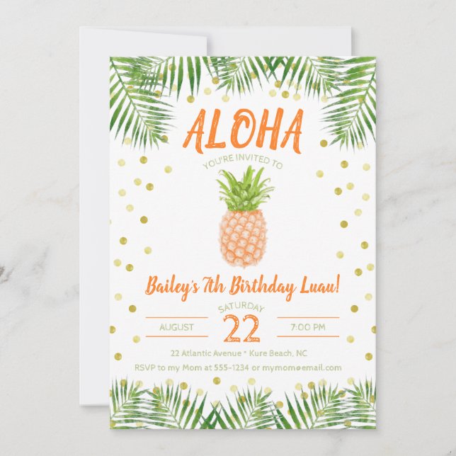 Aloha Luau Invitation Anniversaire Ananas Tropical (Devant)