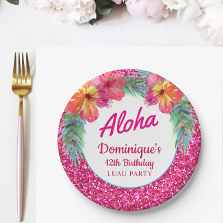 Aloha Luau Party Glitzer Tropischer Hibiskus Pappteller
