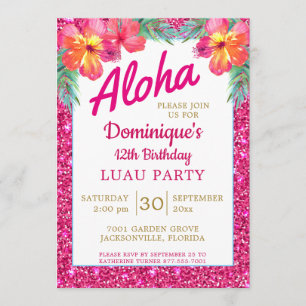 Aloha Luau Pink Glitzer Tropischer Hibiskus Einladung