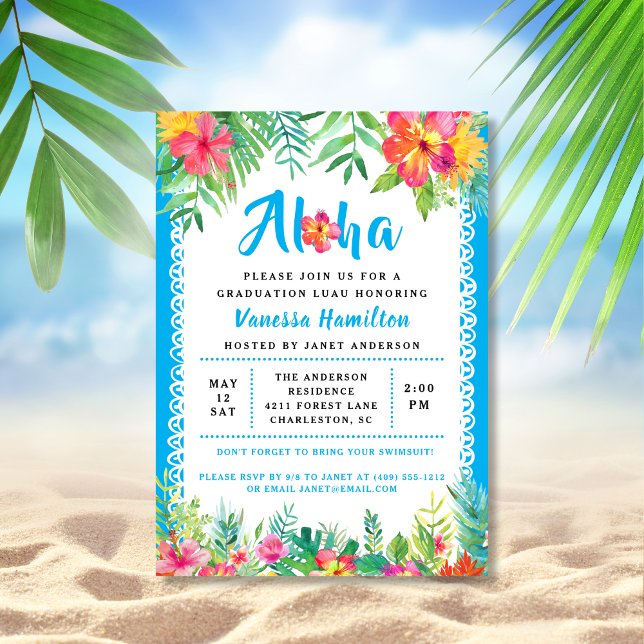 Aloha Luau Tropical Abschluss Blauer Einladung (Von Creator hochgeladen)