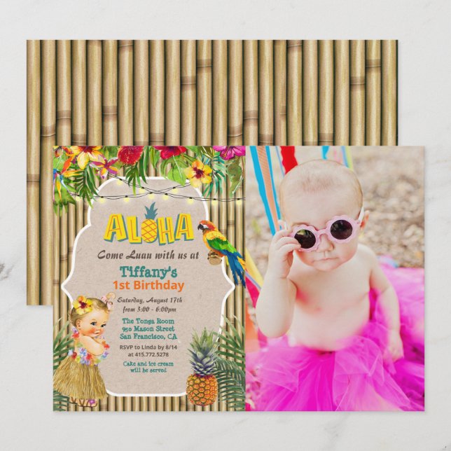 Aloha Luau Tropical Birthday Foto Einladung (Vorne/Hinten)