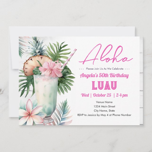 Aloha Luau Tropical Drink 50. Geburtstag Einladung (Vorderseite)