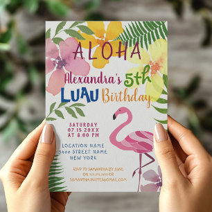 Aloha Luau Tropical Floral Pink Flamingo Birthday Einladung