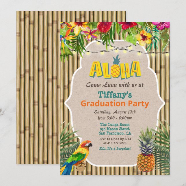 Aloha Luau Tropical Graduation Party Invitation (Devant / Derrière)