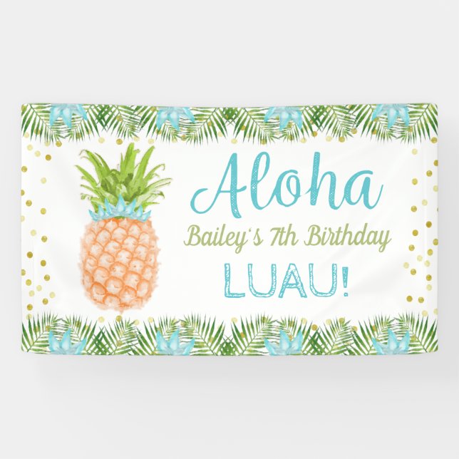 Aloha Luau Tropischer Ananas Blaues Gold Geburtsta Banner (Horizontal)