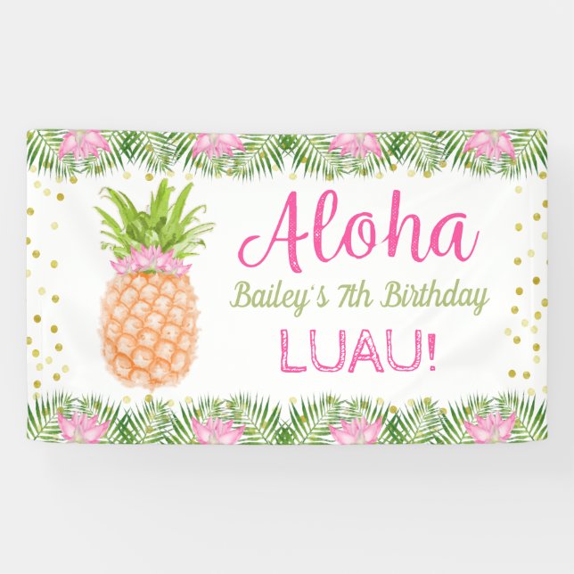 Aloha Luau Tropischer Ananas Rosa Gold Geburtstag Banner (Horizontal)