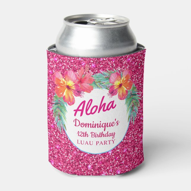 Aloha Luau Tropischer Hibiskus Rosa Glitzer Party Dosenkühler (Kanne Vorderseite)