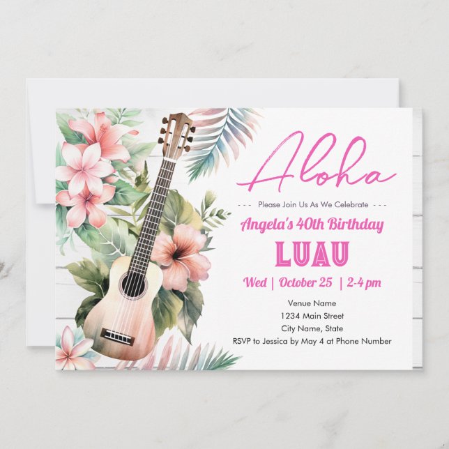 Aloha Luau ukulele Adult Birthday Einladung (Vorderseite)