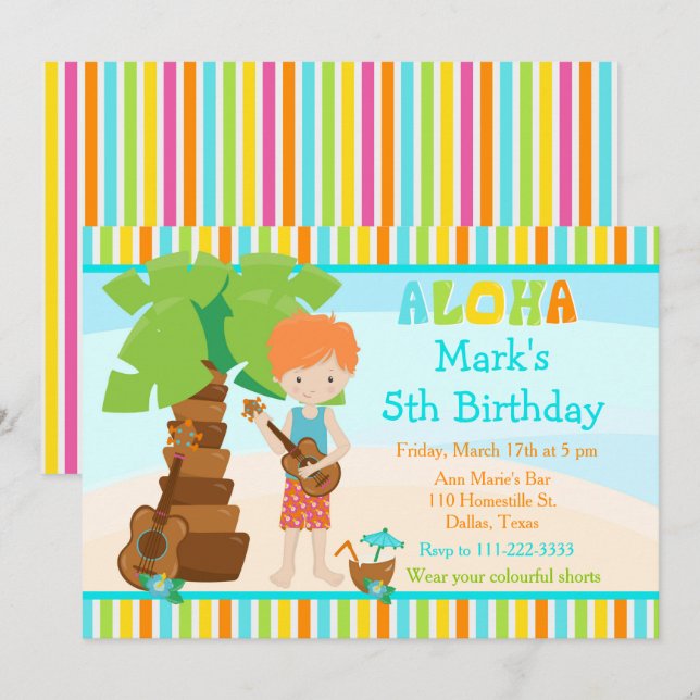 Aloha Niedlich Red Hairs Boy Birthday Party Einladung (Vorne/Hinten)
