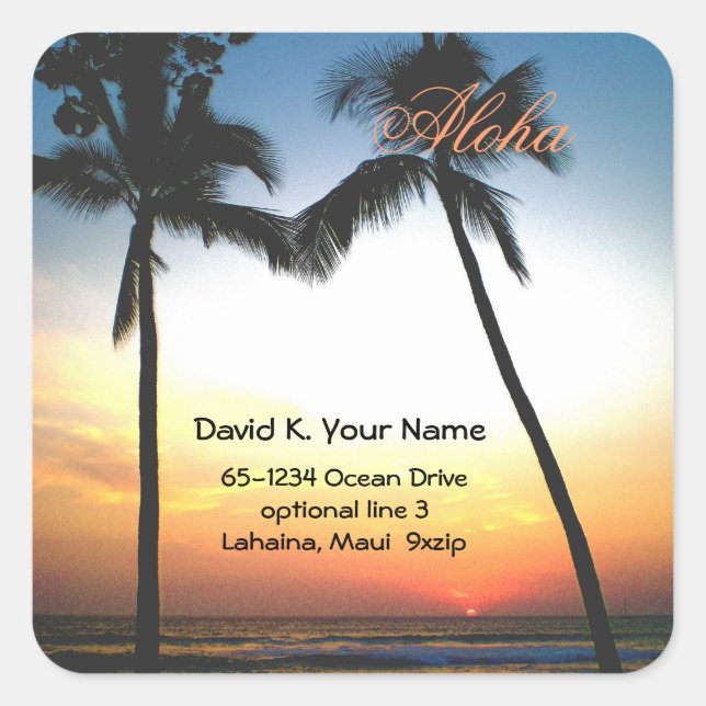 Aloha Palm Tree Address Quadratischer Aufkleber (Vorderseite)
