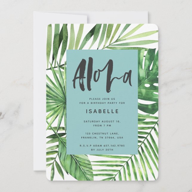 Aloha palme tropicale et script invitation d'anniv (Devant)