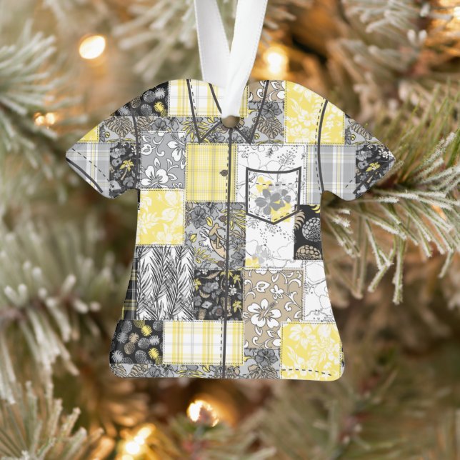 Aloha Patchwork Hawaiian Tropical Aloha Shirt-Gray Ornament (Baum)