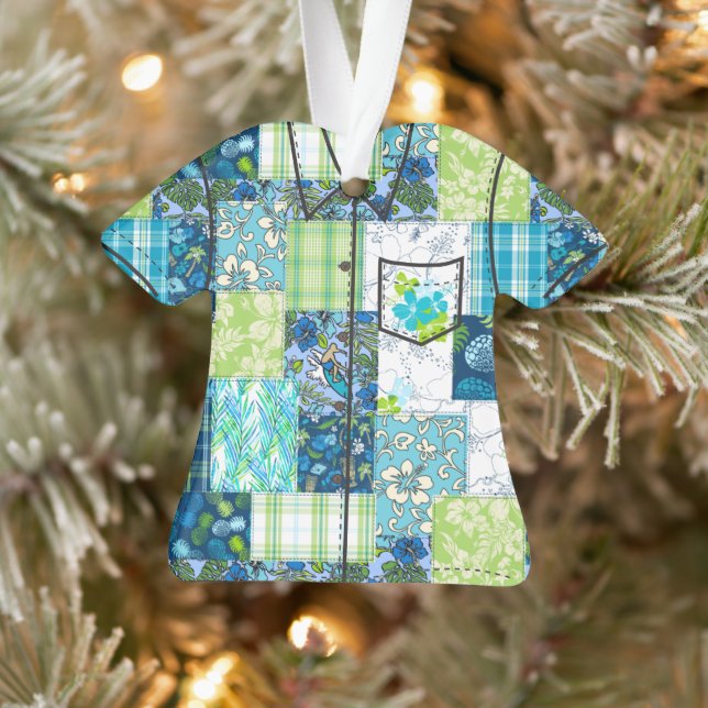 Aloha Patchwork Hawaiian Tropical Aloha Shirt-Turq Ornament (Baum)