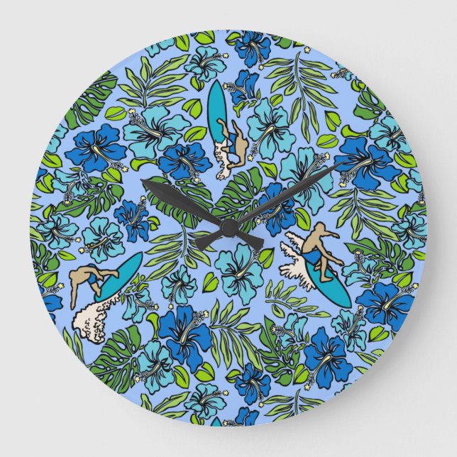 Aloha Patchwork Hawaiian Tropical Prints- Teal Große Wanduhr (Vorderseite)