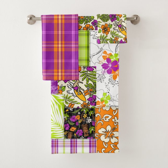 Aloha Patchwork Hawaiian Tropical Prints - Violet Badhandtuch Set (Insitu)
