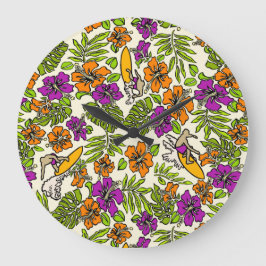 Aloha Patchwork Hawaiian Tropical Prints- Violet Große Wanduhr