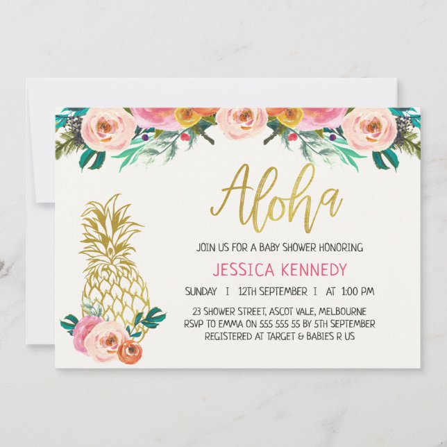Aloha Pineaple Floral Baby Dusche Einladung (Vorderseite)
