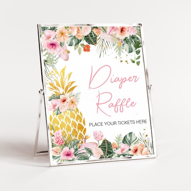Aloha Pineaple Kinderdusche Windelwanne Poster (Floral Aloha Baby Shower Diaper Raffle Sign)