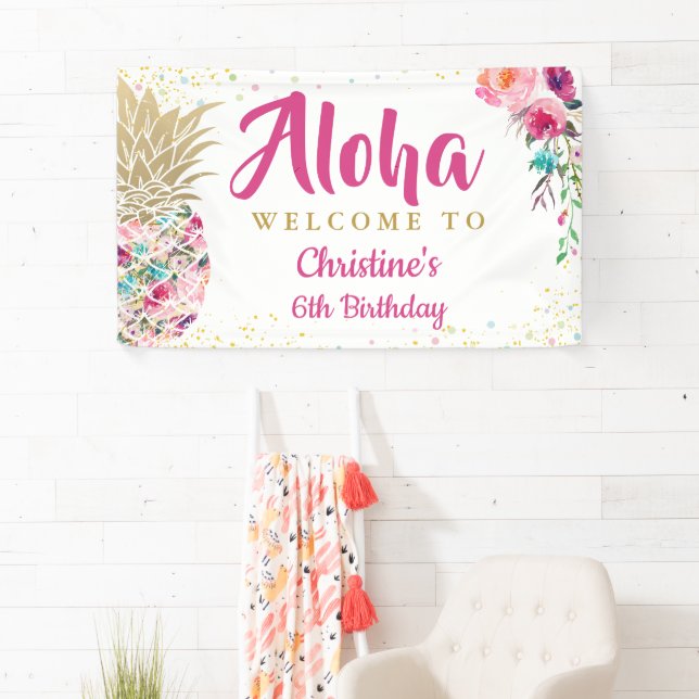 Aloha Pink Gold Ananas Geburtstagsparty Banner (Insitu)