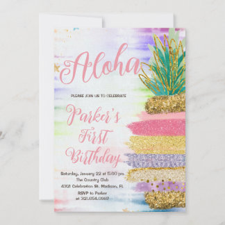 Aloha Pink Gold Rainbow Ananas Geburtstag Einladung