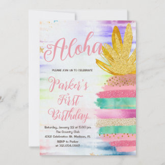 Aloha Pink Gold Rainbow Ananas Geburtstag Einladung