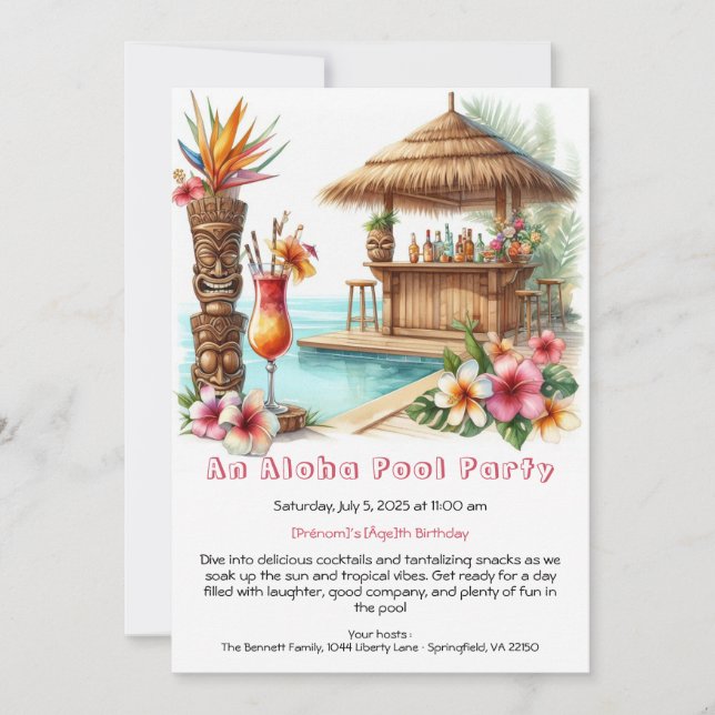 Aloha Pool Party Anniversaire Invitation - Tropica (Devant)
