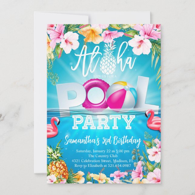Aloha Pool Party Geburtstag Einladung (Vorderseite)