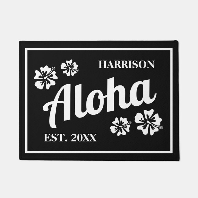 Aloha Schwarzweiß-Hawaiianische Blume Fußmatte (Vorderseite)