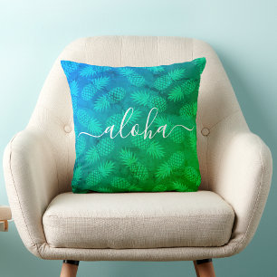 Aloha Script Blue Green Pineapmuster tropische Kissen