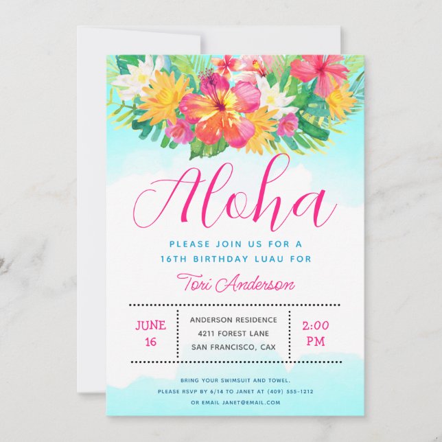 Aloha Script Tropical Birthday Luau Invitation (Devant)