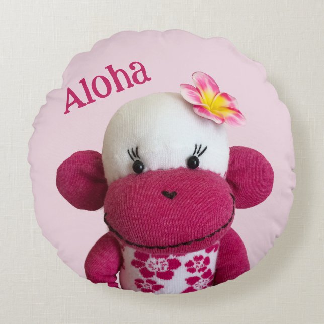 Aloha Sock Monkey (Girl) Rundes Kissen (Vorderseite)