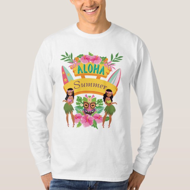Aloha Sommer-Brandung Tiki Totem hawaiische Hula T-Shirt (Vorderseite)