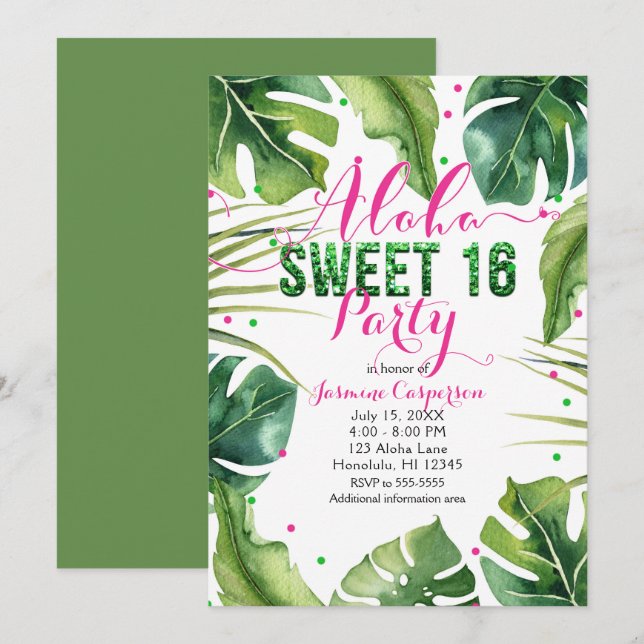 ALOHA SWEET 16 Sechzehn tropische Blätter Rosa Grü Einladung (Vorne/Hinten)