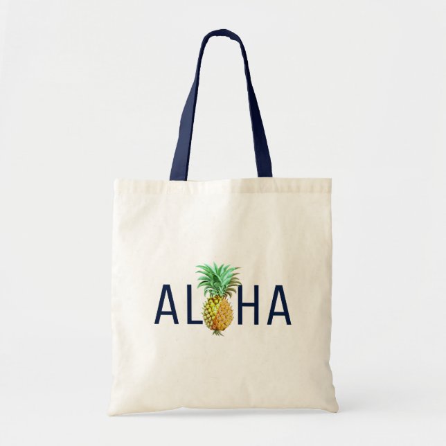 Aloha Text & Ananas tropisches Design Tragetasche (Vorne)