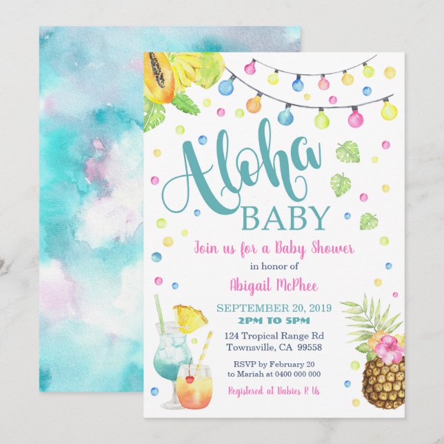 Aloha Tropical Baby Dusche Einladung (Vorne/Hinten)