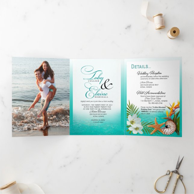 Aloha Tropical Beach Hochzeit Dreifach Gefaltete Einladung (Innenseite)