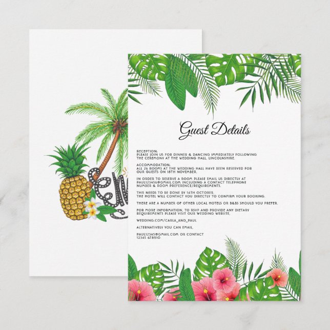 Aloha Tropical Beach Hochzeitgäste Details Begleitkarte (Vorne/Hinten)