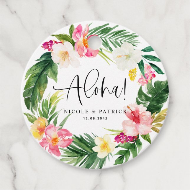 Aloha Tropical Blume and Greenerity Wedding Geschenkanhänger (Vorderseite)