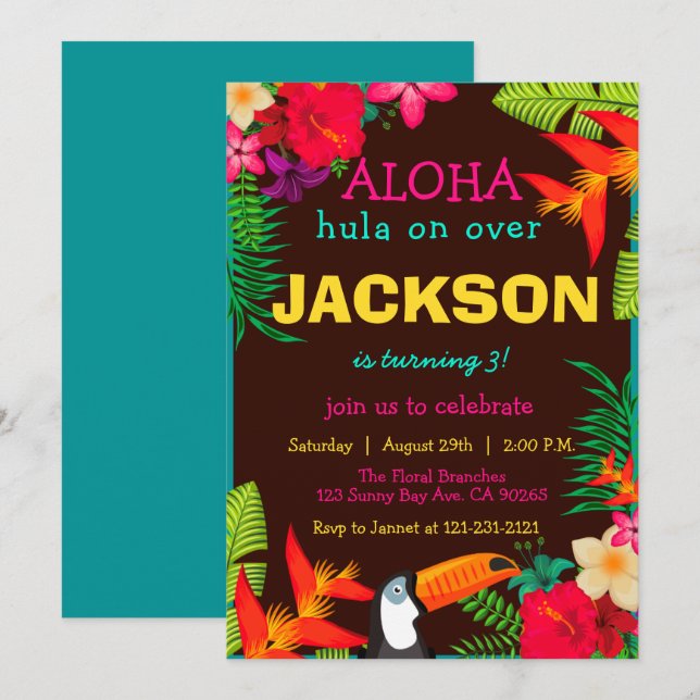 Aloha Tropical Blume Hibiskus luau Birthday Einladung (Vorne/Hinten)