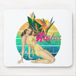 Aloha Tropical Button-up Girl Retro-Sonnenuntergan Mousepad
