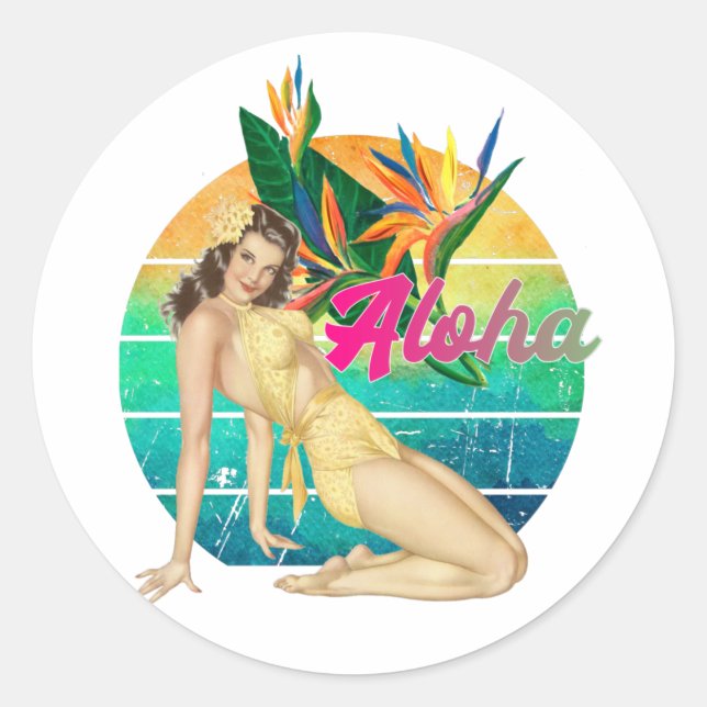 Aloha Tropical Button-up Girl Retro-Sonnenuntergan Runder Aufkleber (Vorderseite)