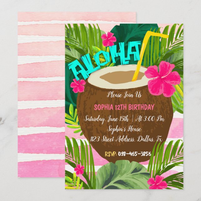 Aloha Tropical Coconut zum Geburtstag Einladung (Vorne/Hinten)