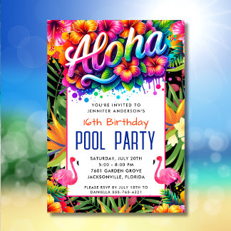 Aloha Tropical Flamingo Geburtstagspoolparty  Einladung